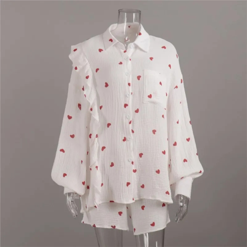 Women Love Printed Ruffles Cotton Shorts 2 Pieces Set Chic Lapel Long Sleeve Shirt Sets Elegant Female Outfits Shorts Suit 250513