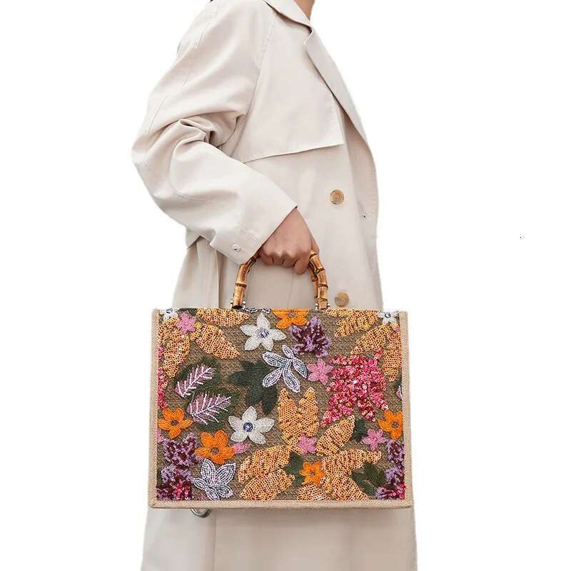 High Quality Designer Bags Vintage Bamboo Handle Women Handbags Sequins Embroidery Tote Bags Casual Linen Large Capacity Beach Bag Big Female Purse Lu