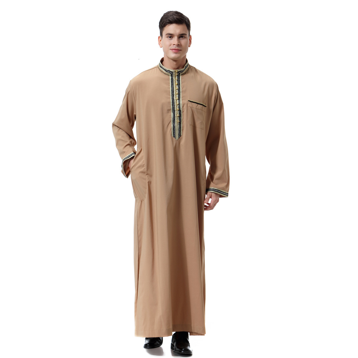 Designer Clothing Men's Decal Standing Collar Dubai Tourism Ethnic Clothing White Robe Two-piece Set Long Sleeved Design 2025 New Model