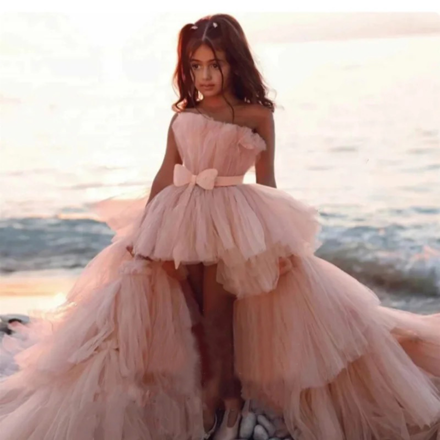 Customized Kids Strapless Party Pageant Dresses Tiered Princess Birthday Photoshoot Dress High Low Flower Girl Dresses For Beach