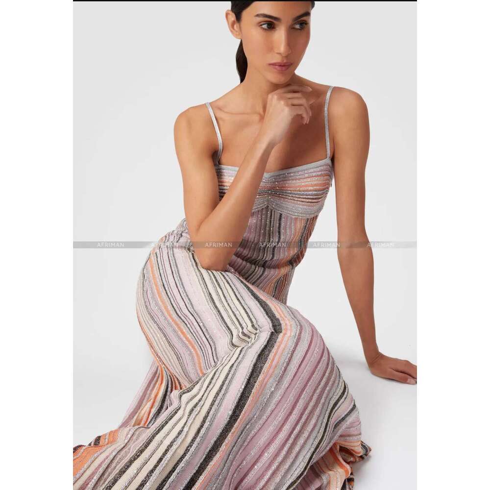 Women Metallic Sequined Multicolor Striped Sexy Strapless Maxi Long Knit Sling Dress Designer