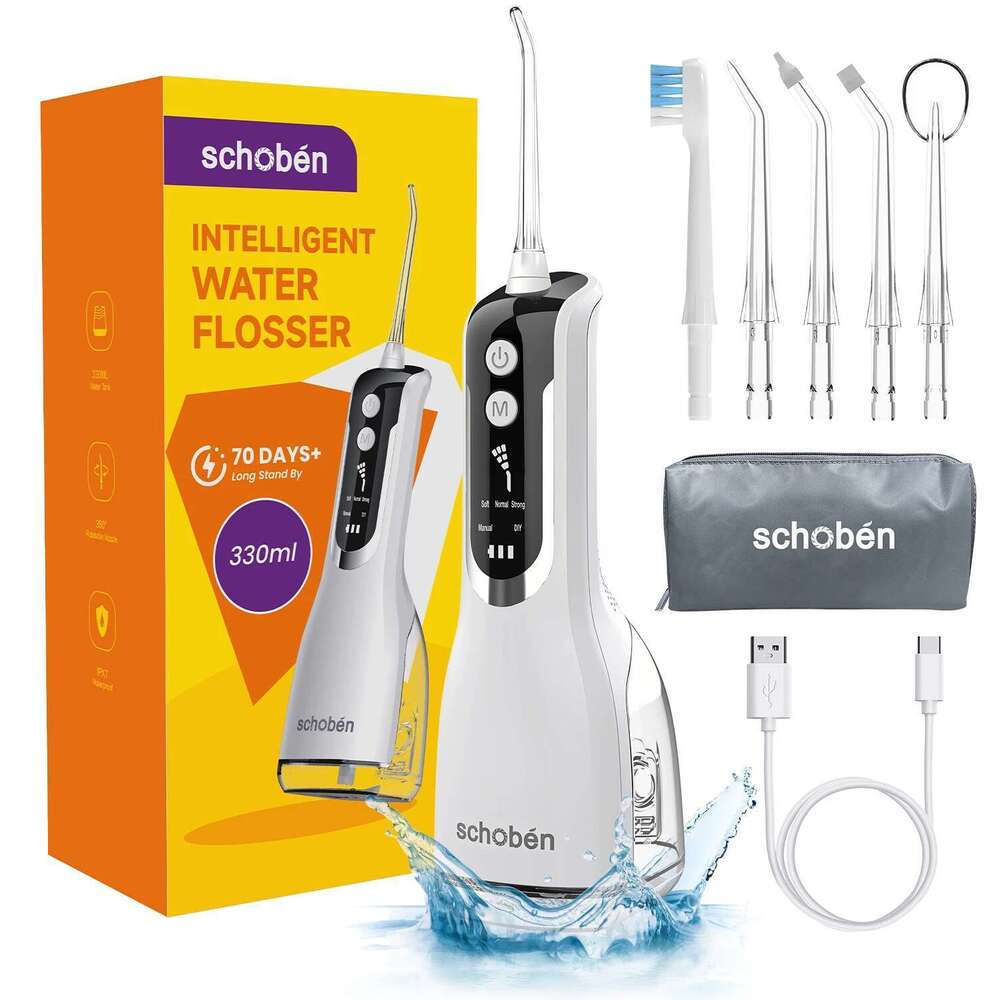 Schoben Oral Irrigator Portable Flosser IPX7 Waterproof Rechargeable 5 Modes Teeth Cleaner 330ML Dental Water Jet