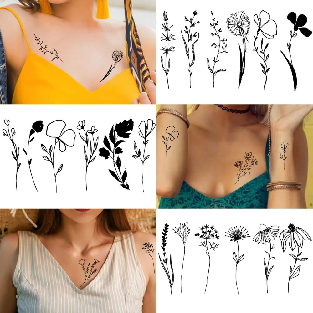 Tiny black flower branch temporary tattoo realistic wild flower small fake tattoo adult wild plant tattoo sticker 250515
