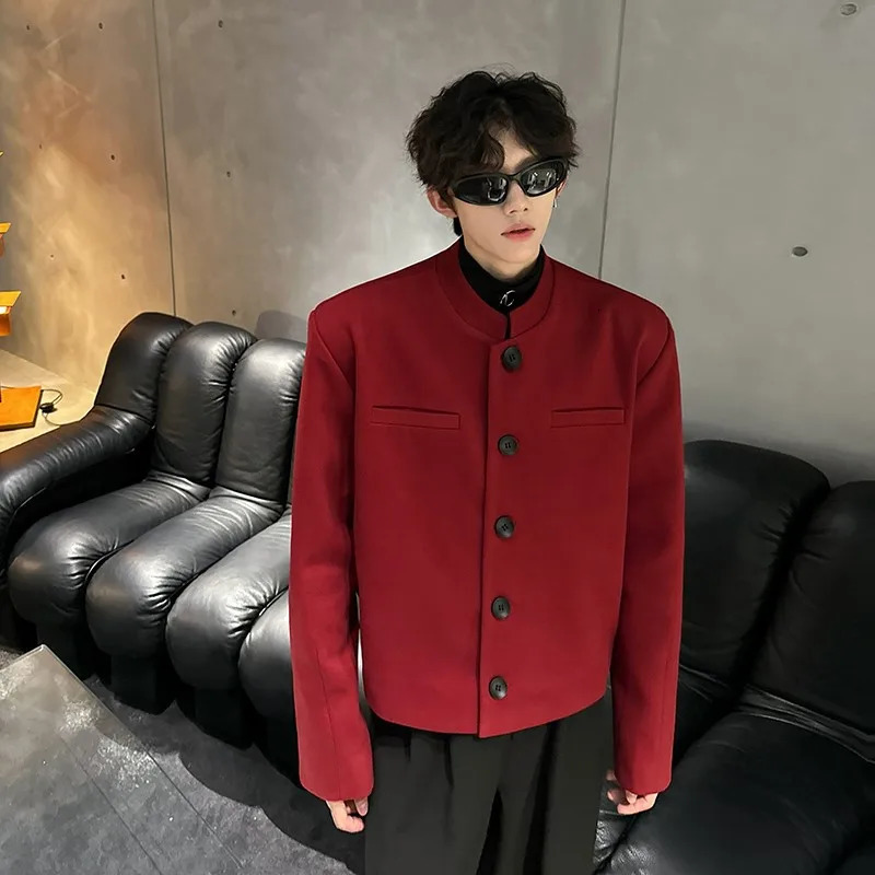 Wine Red Blazers Men Suit Jackets Casual Stand Collar Solid Color Male Short Coats Korean Trendy Mens Clothing Autumn 250520