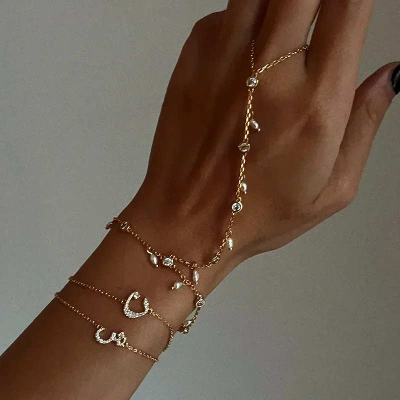 Gold Color Geometric Bezel CZ White Flash Pearls Beaded Drop Charm Tassel Elegance Women Hand Chain Bracelet 250520