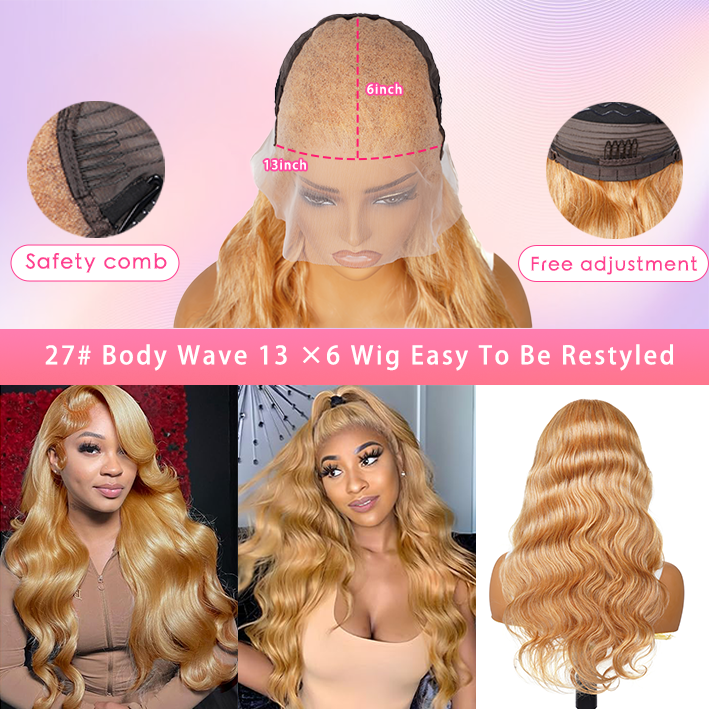 18-30 inch 13x6 HD lace front wig human hair | 27 # women's Body Wave human hair wig with free stitching and natural hairline