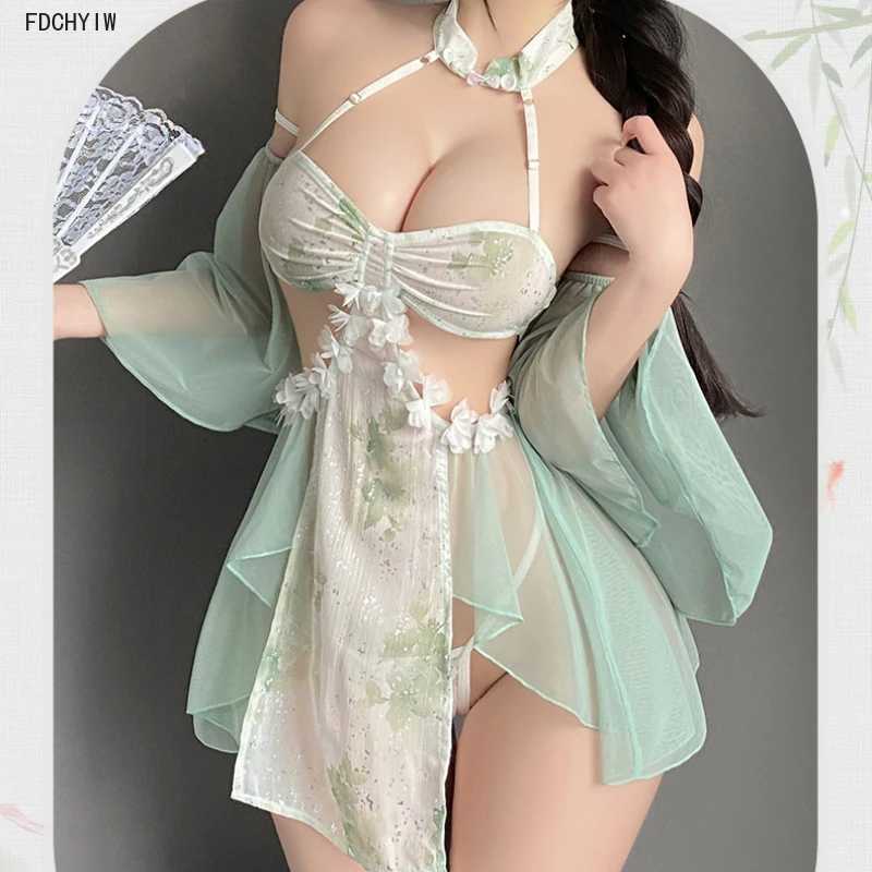 Sexy Split Cheongsam Skirt See-through Hanfu Women Porn Set Chinese Improve Traditional Dress Exotic Charm Costume Green 2025new R250520