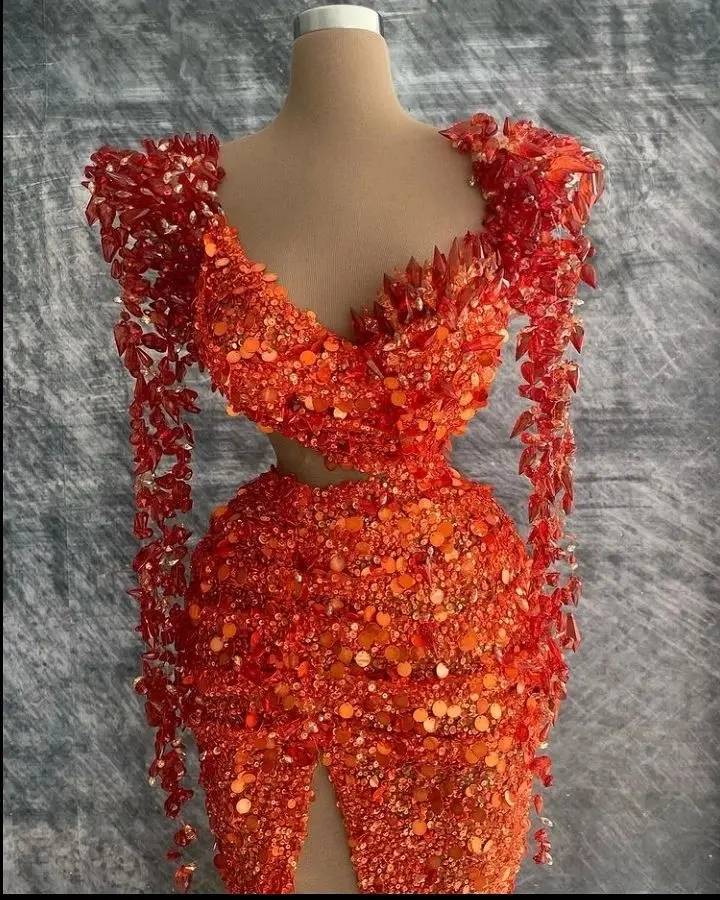 African Beading Cocktail Evening Dresses Sheer V Neck Long Sleeve Mermaid Zipper Back Slim Fit Sexy Prom Gowns