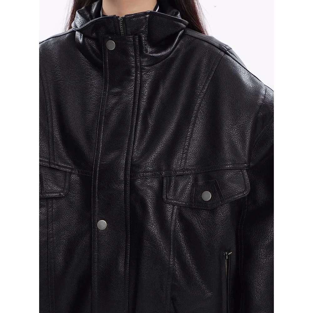 Nerazzurri Spring Autumn Oversized Cool Windproof Thick Black Pu Leather Jacket Women Zip Up Designer Unisex Clothes 2023