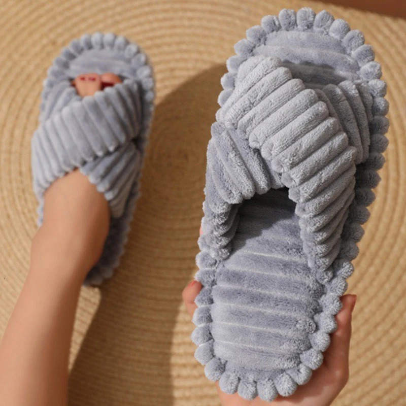 Corduroy Flat Home Slippers for Women 2024 Fashion Cross Band Warm Plush Slides Woman Indoor Lightweight Soft Sole Cotton Shoes 250516