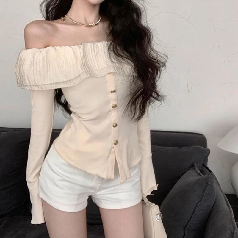 Women Off Shoulder Shirt Sexy Chic Streetwear Slash Collar Slim Fit T Shirt French Elegant Ruffles Solid Ladies Tops 250517