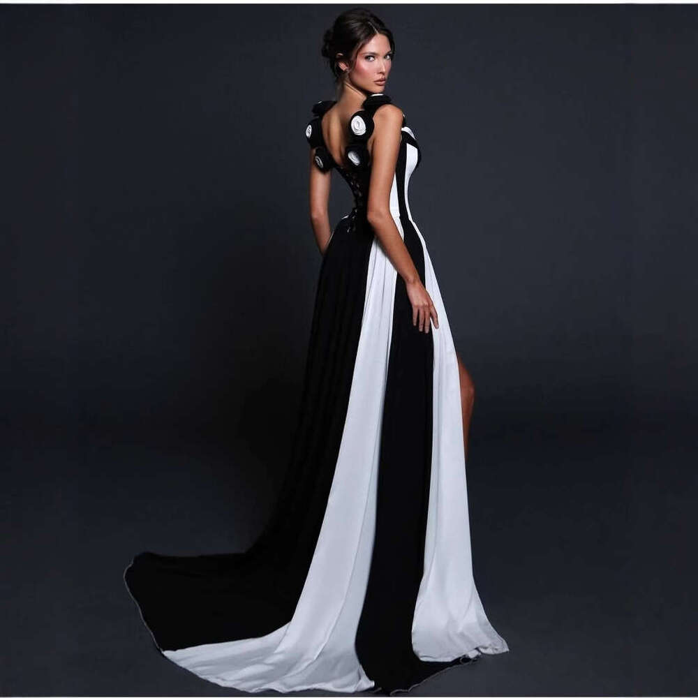 Halter Dress Three Dimensional Flower Sexy Deep V Black And White Striped Sleeveless Dress Elegant Temperament Party Vacation Gift Maxi Dress