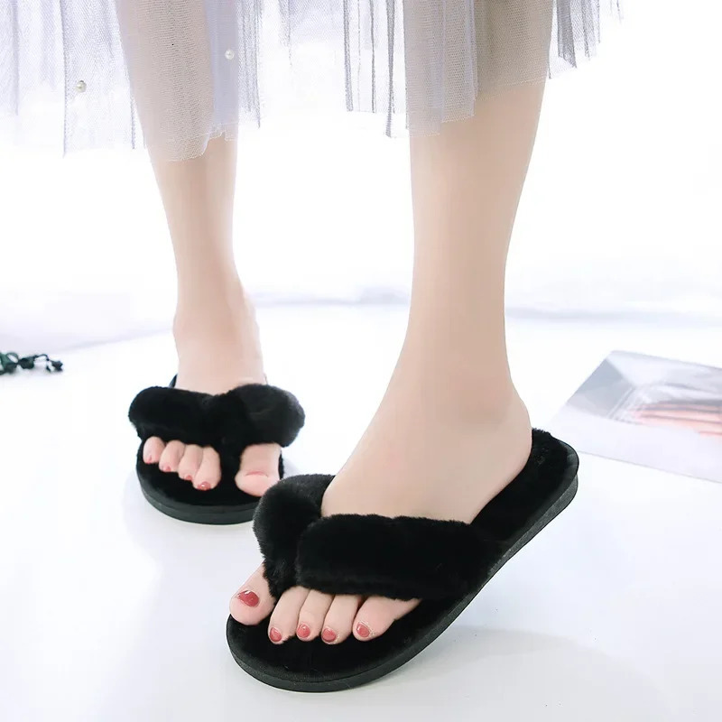 Warm Fluffy Slippers Women Cozy Faux Fur Cross Indoor Floor Slides Flat Soft Furry Shoes Ladies Female Celebrities Flip Flops 250516