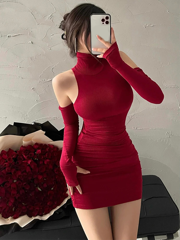 Summer Sexy High Neck Tight Dress Oversleeve Pleated Bottom Wrapped Hip Dres Bodycon 250516