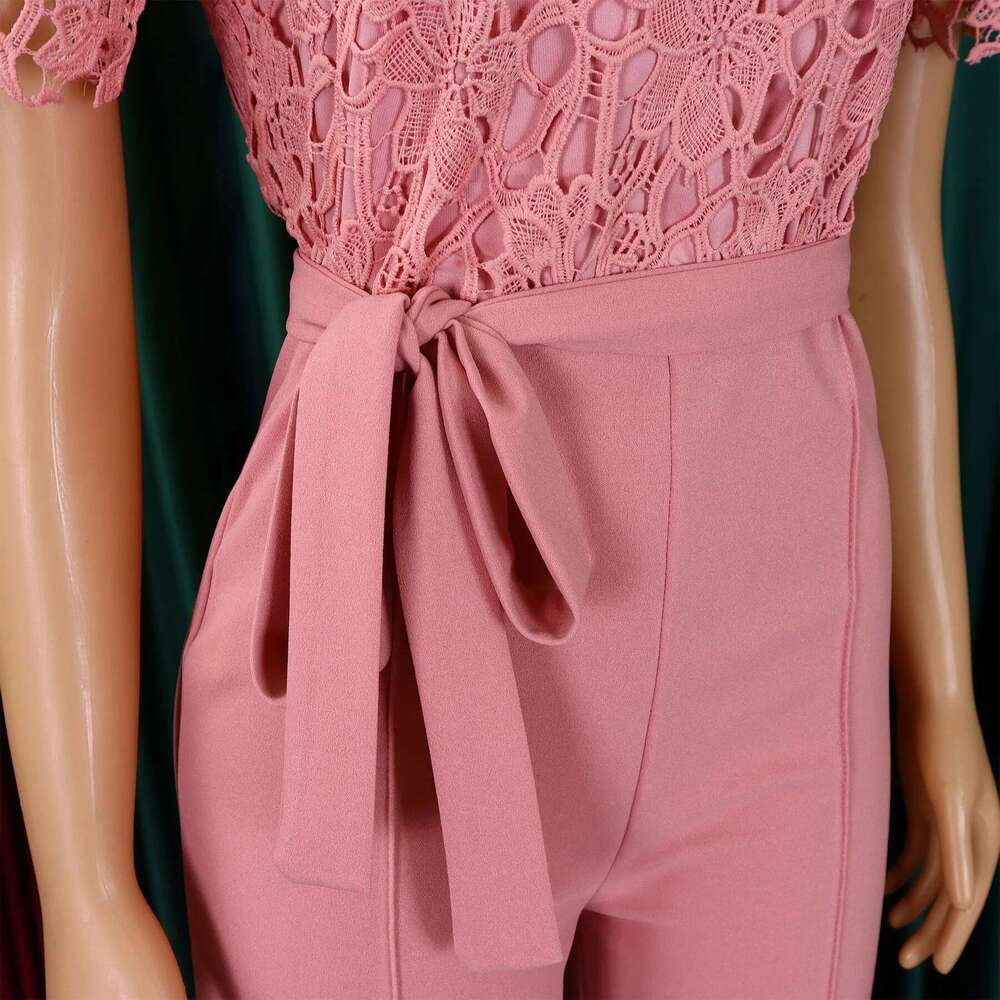 Elegant Jumpsuits & Rompers For Women O Neck Lace Patchwork Short Sleeve Sashes High Waisted Birthday Party Dinner Outfit