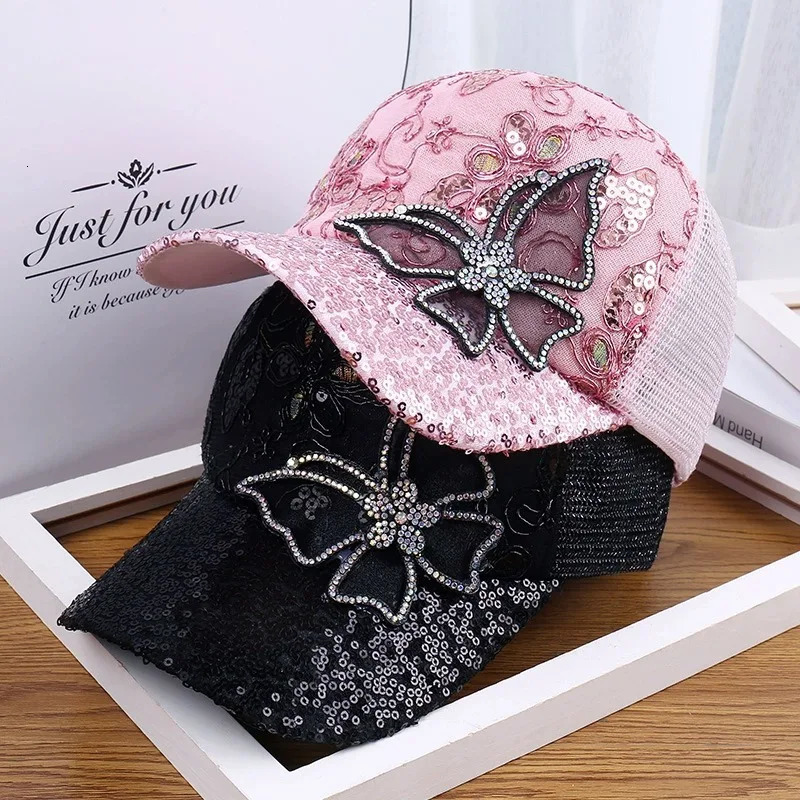 Women Summer Mesh Baseball Cap Shiny Rhinestone Butterfly Sun Visor Hat For Ladies Glitter Sequins Breathable Sunscreen Caps 250519
