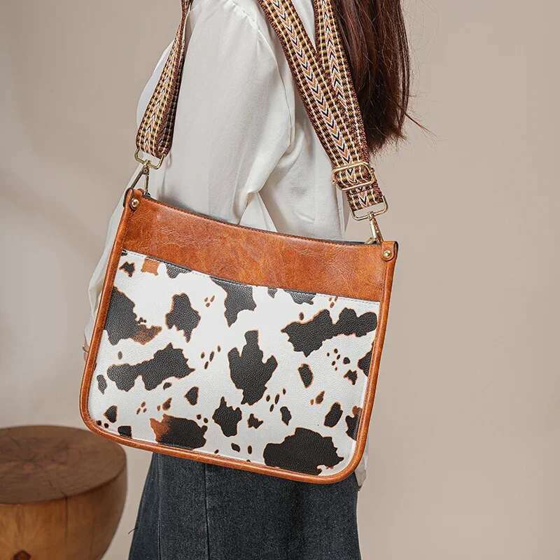 Cow Pattern Messenger Bag, Fashion Faux Leather Shoulder Crossbody Bag With Vintage Strap, Women's Versatile Handbag & Purse