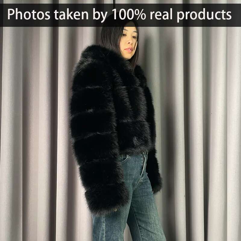 Winter Warm Ladies Fake Jacket Short Fashion Hooded Artificial Fox High Quality Women's Cropped Fur Coat Black Designer