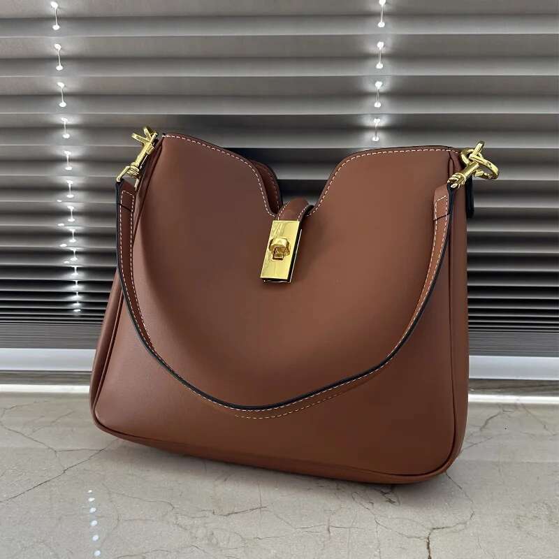 Brand Design Lock Buckle Shoulder Women Genuine Leather Elegant Commute Handbags Concise Fashion Bucket Bags 2025