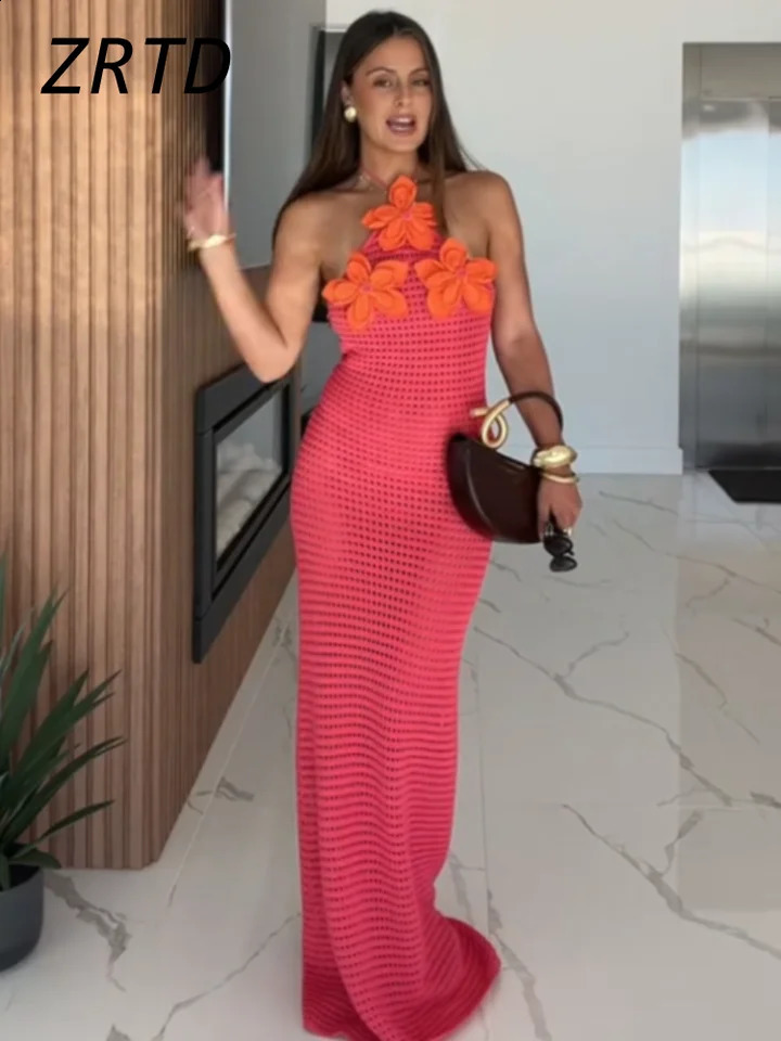 Sexy Crochet Hollow Out Long Halter Dress Women 3D Flower Backless Sleeveless Beach Dresses 2025 Summer Lady Vacation Robes 250519