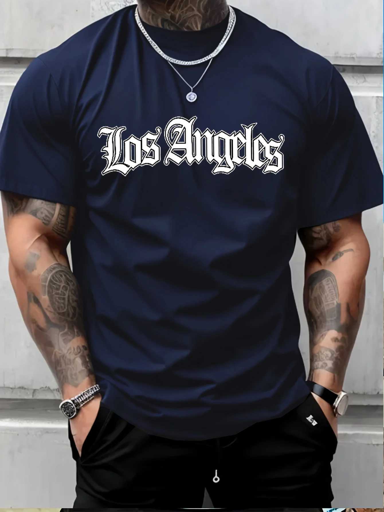 Mens summer 100 cotton fashionable casual loose plus size Los Angeles letter printed sports round neck short sleeved T-shirtXJ250520
