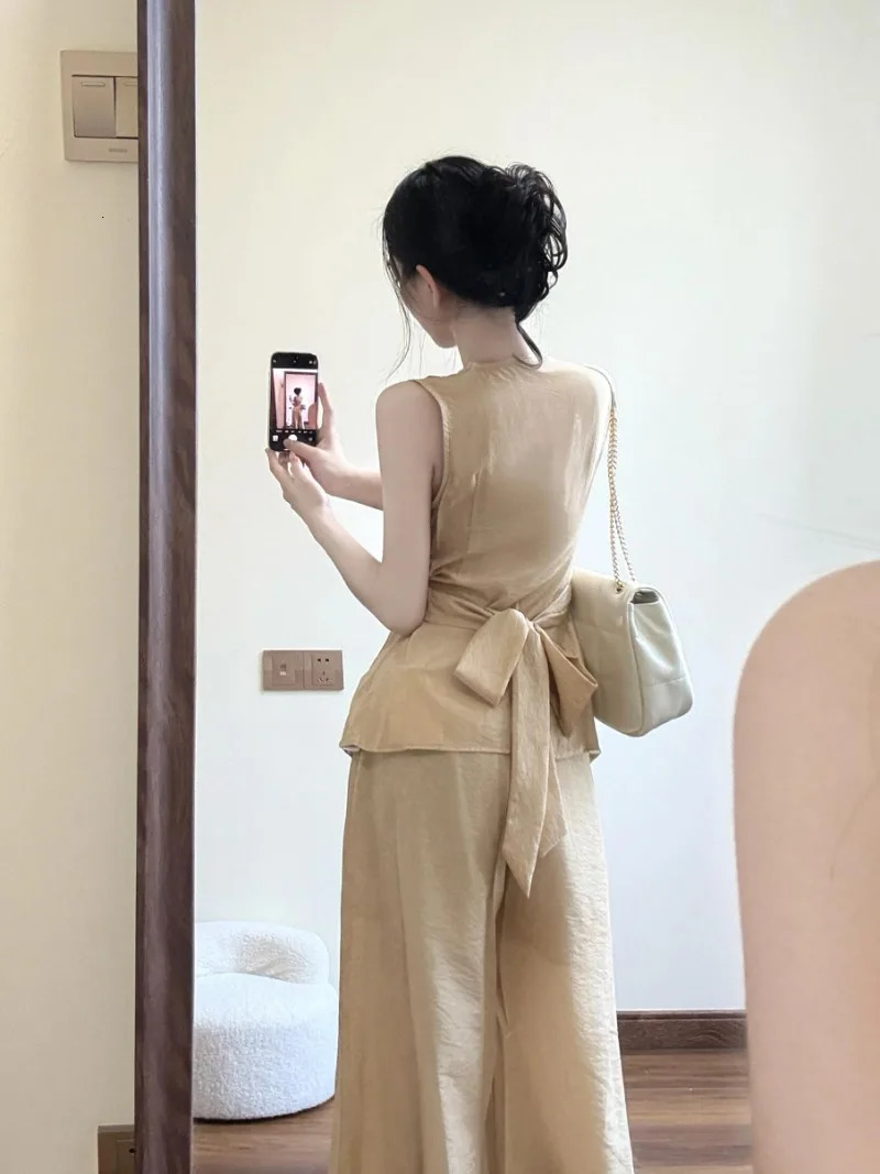Elegant Summer Two Piece Sets Women High Quality V-neck Sleeveless Lace Up Slim Waist Blouse Top Wide Leg Pants Outfits 250516