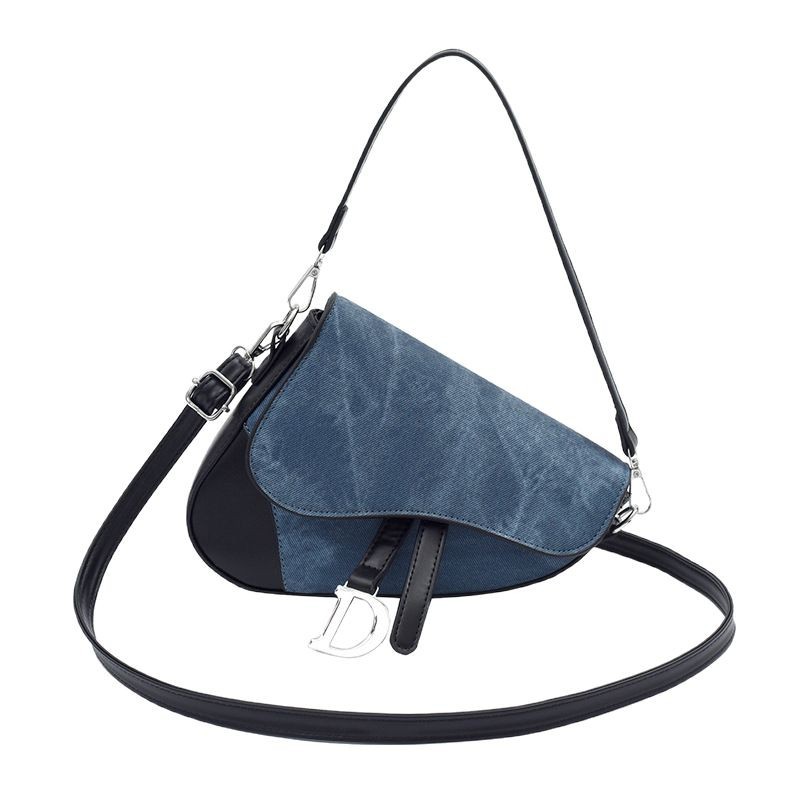 2025 Trendy Denim Print Color-Block Saddle Bag - Stylish Shoulder & Crossbody Purse for Women, Western Chic Patchwork Handbag