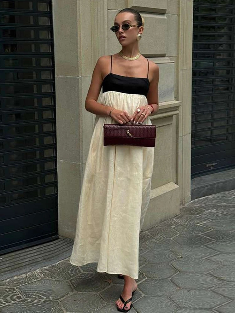 Contrast Color Sling Dresses Women Sleeveless Backless Square Collar Female Dress Fashion High Waist Summer Sexy Lady Robe 250520