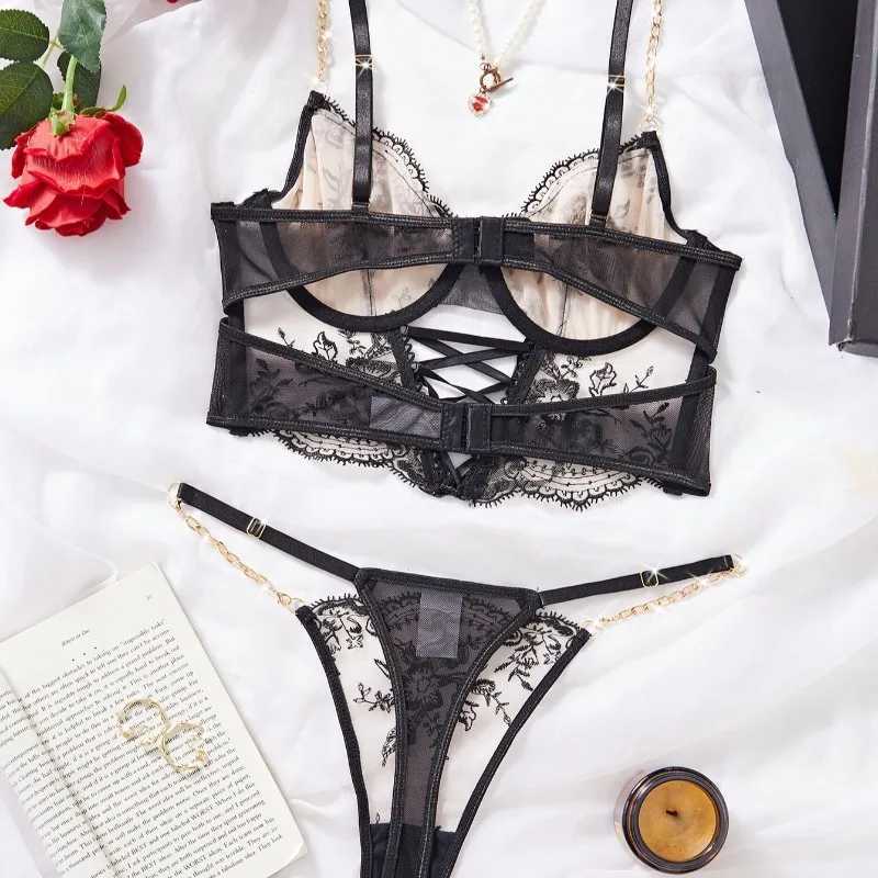 Sexy Embroidery Lingerie Suit for Women Chain Flower Embroidery Cross-belt Hollow Two-piece Set Womens Underwear Suit R250520