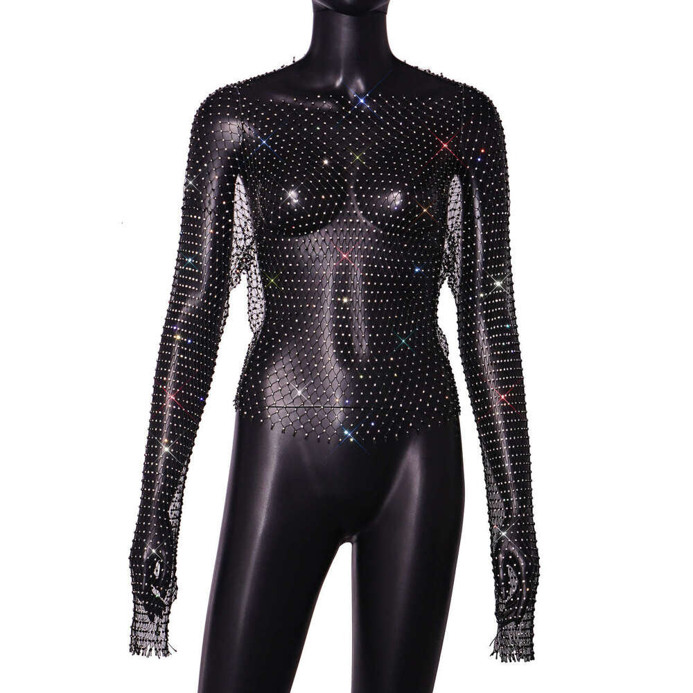 European American transparent sexy nightclub women's grid sparkling dia round neck long sleeved top 1122 2025 new style chic and elegant clothing