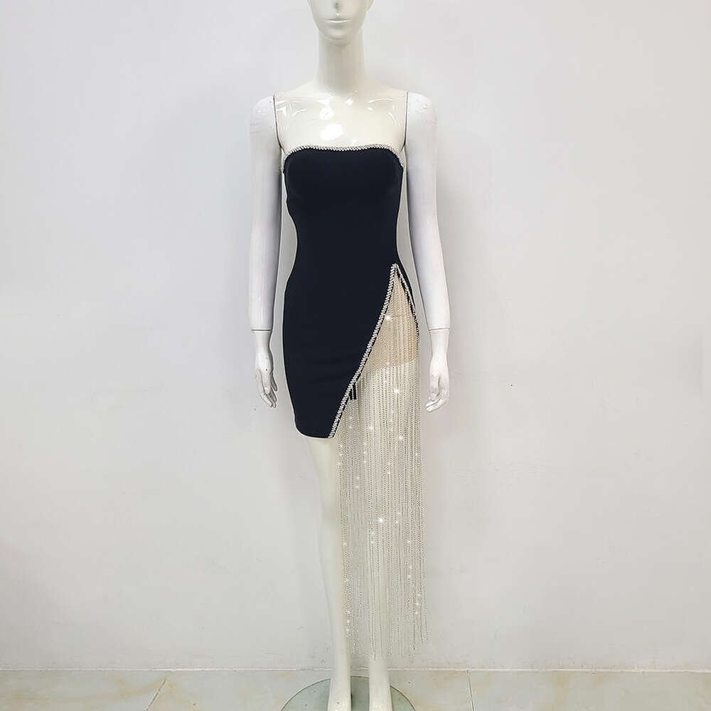 Halter Dress Hot Rhinestone Edging Sexy Slit Long Tassel Black Bandage Strapless Dress Nightclub Party Outfit Maxi Dress