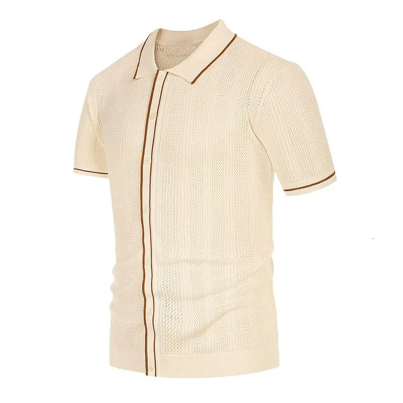 Summer Ice Silk Men Hollow Polo Shirt Breathable Soft Knit Top Mens Shortsleeved Tee Fashion Color Contrast 250520