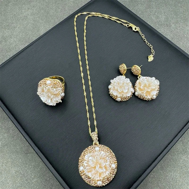 Turkish Irregular Baroque Freshwater Pearl Jewelry Sets 3D Three-dimensional Carving of Peony Flowers Charm Necklace Earring 250520