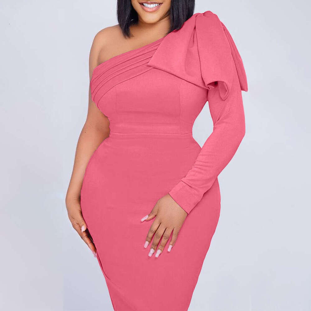 Women's Wear Large Women's New Slant Neck Solid Color Fashion Wrap Hip Sexy Dress