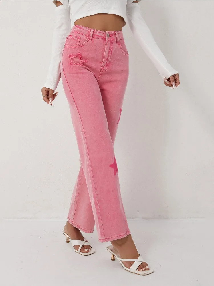 Womens Pink Jeans Star Print Flared High Waist Denim Trousers Stylish and Comfortable Outfit Option 250513Z