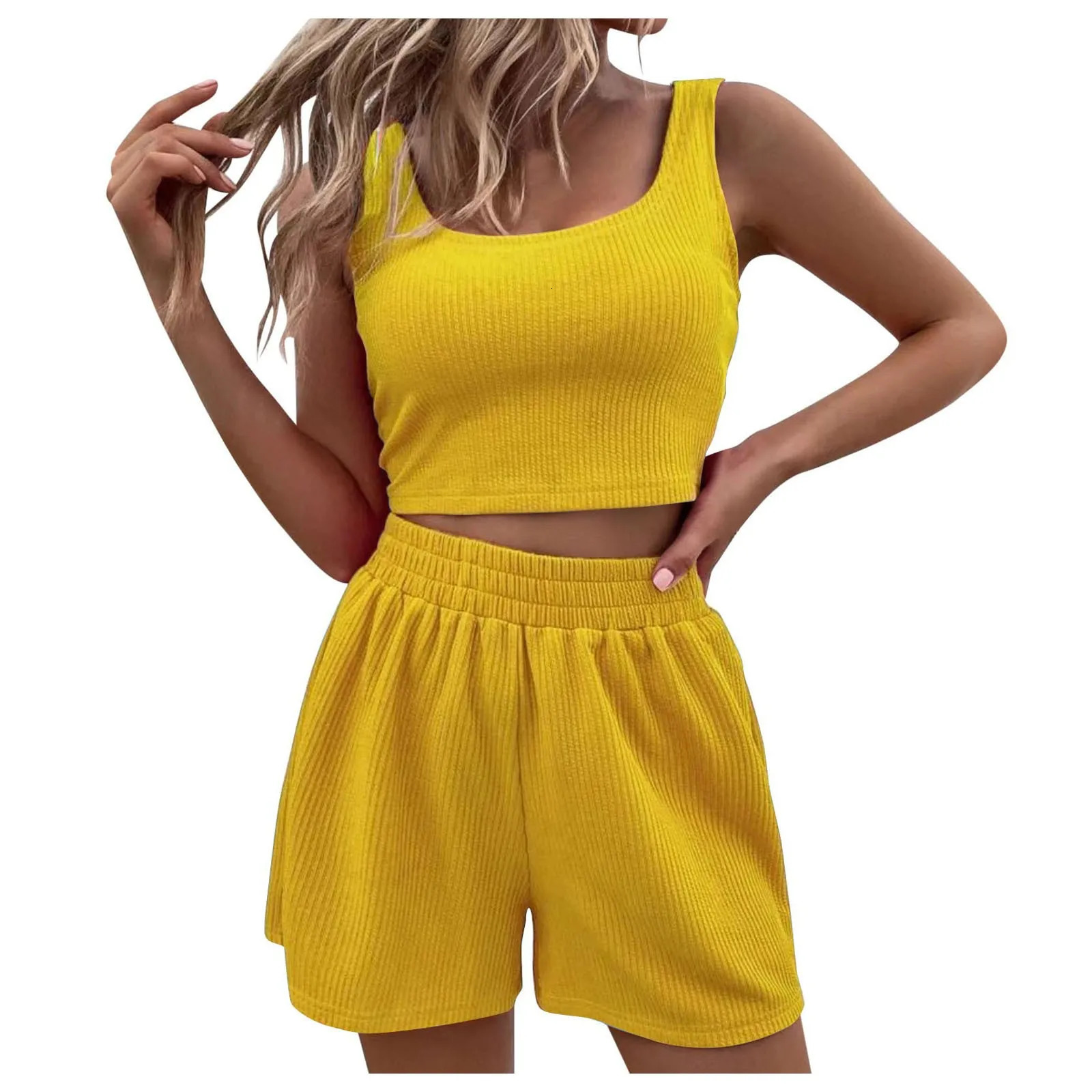 Two Piece Outfits Women Summer Shorts Sets 2 Piece Sleeveless Matching Crop Top And High Waisted Shorts For Women Lap For Women 250516