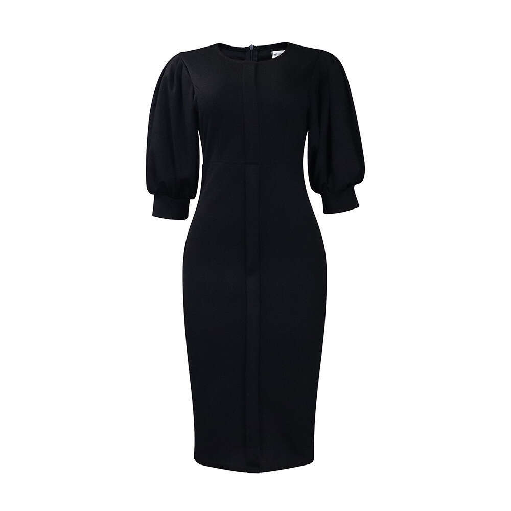 Women's Wear Women's Spring New Half Sleeves Round Neck Bubble Sleeve Wrapped Hip Style Tongle Large Size Dress