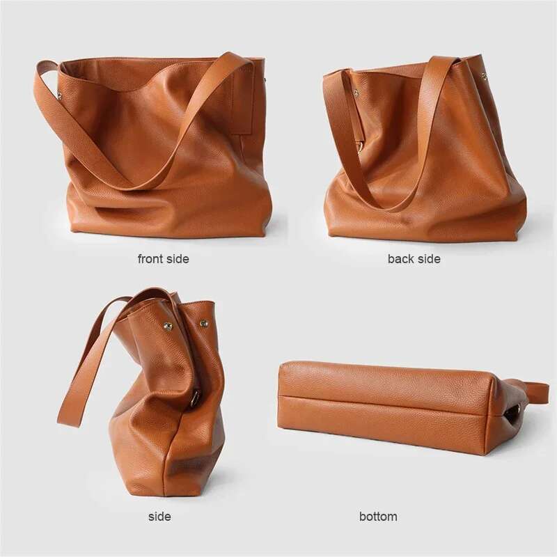 Genuine Leather Women Shoulder Soft Cowhide Female Tote Commuting Versatile Large Capacity Bucket Bag