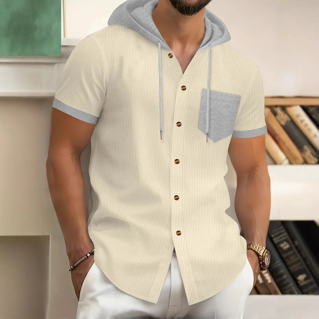 Mens Summer Waffle Hooded Cardigan ShortSleeved Jacket TwoTone Pocket BuckleButtoned Casual Knitwear 250520