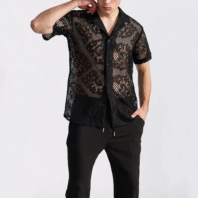 Summer Mens Mesh Lace Knit Short Sleeve Shirt Streetwear HollowOut Dance Perspective Shirts Nightclub Disco Performance Tops 250520