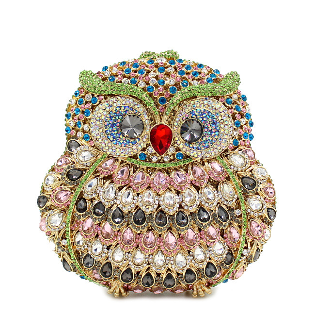 XIYUAN Owl Shape Women Hot Pink Crystal Handbag and Purse Evening Cross body Bags Party Metal Minaudiere Lady Diamond Clutch Bag
