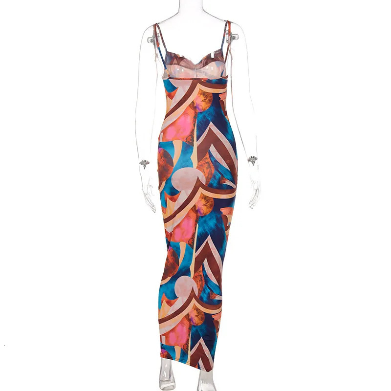 Tie Dye Print Ribbed Midi Dress For Women Summer Outfits Bodycon Side Slit Y2K Sexy Streetwear Long 250520