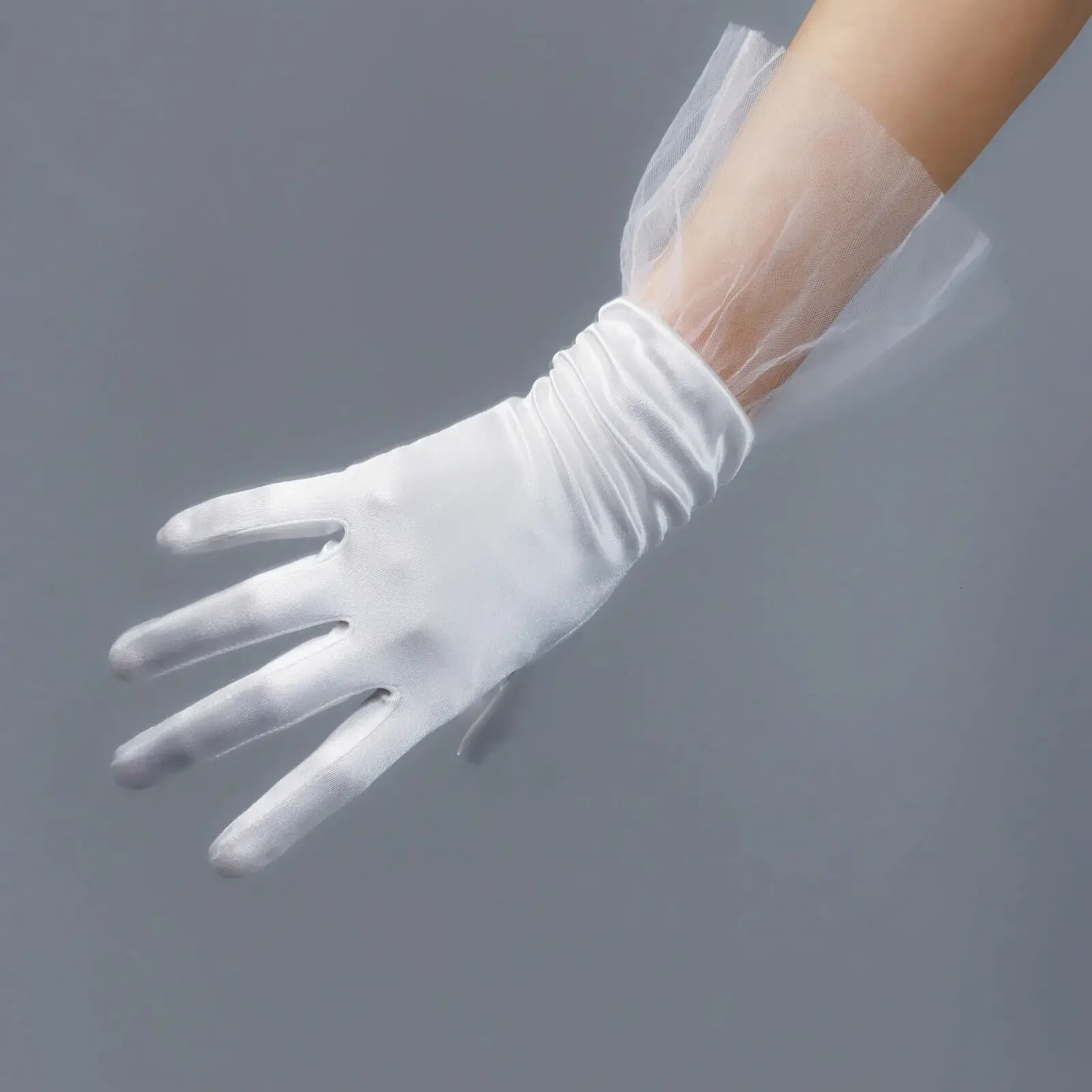 Wedding Bridal White SATIN GLOVES Wrist Short Tulle Lace Ruffle Stretch Silk Sheer Mesh Fashion Costume Formal Evening Glove 250520