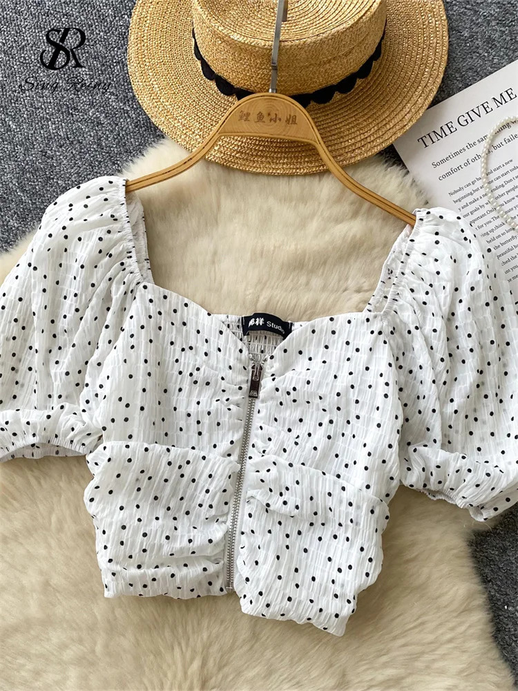 SINGREINY Summer Polka Dot Short Blouse Zipper Puff Sleeves Sexy Slim Tops Elastic Ruched Fashion Women Vintage Chic Shirt 250520