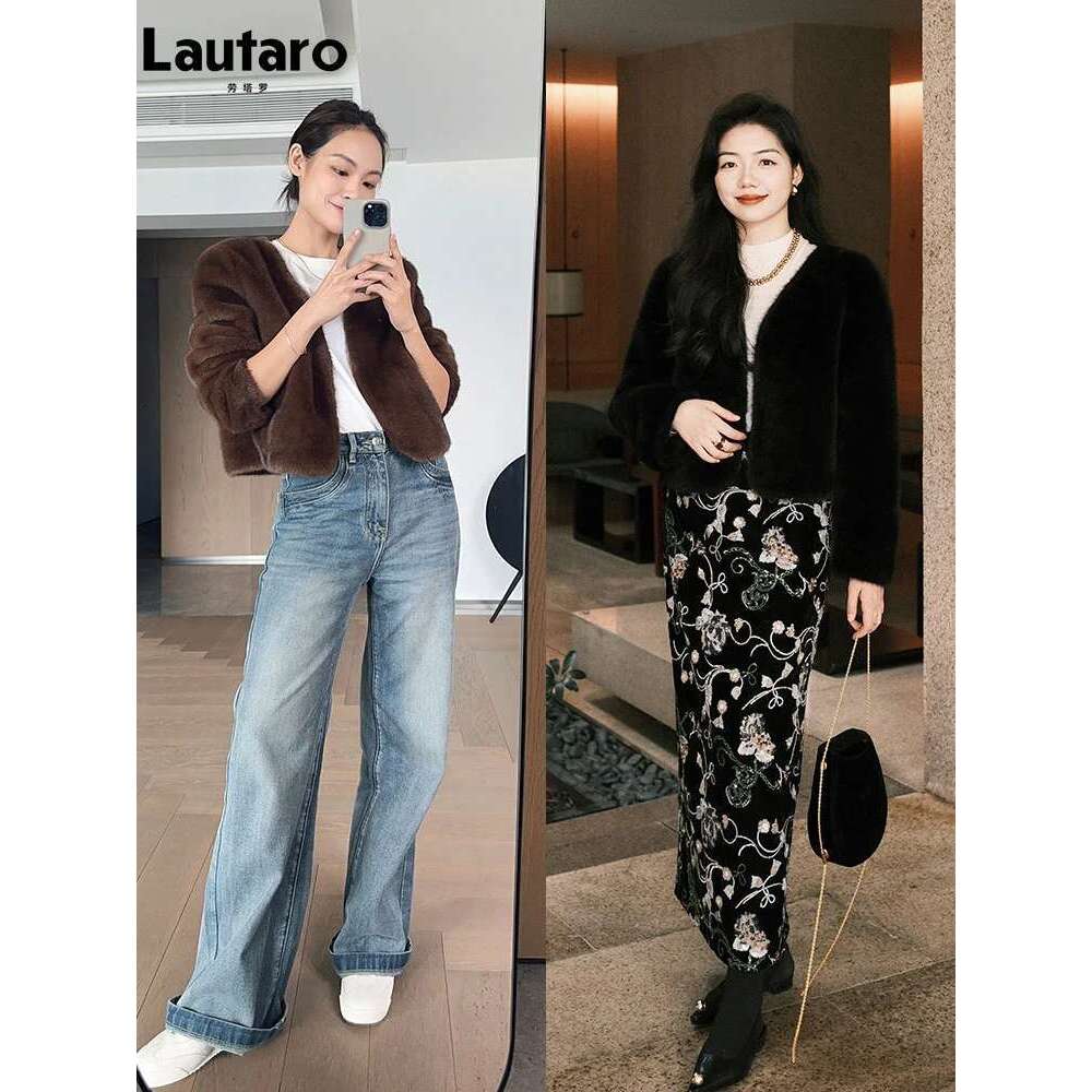 Lautaro Autumn Winter Chic Soft Thick Warm Brown Faux Mink Fur Coat Women with Deep V Neck Long Sleeve Fluffy Jacket 2024
