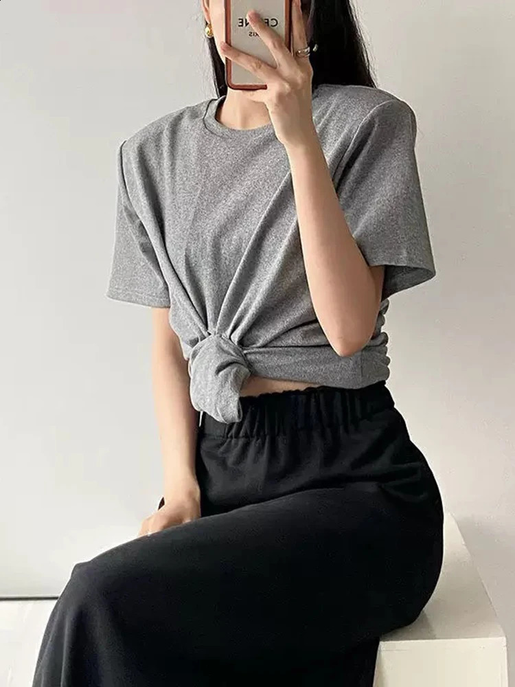 Y2K knotted twist knitted threaded round neck Top women fashionable and versatile navel padded shoulder short-sleeved T-shirt 250519