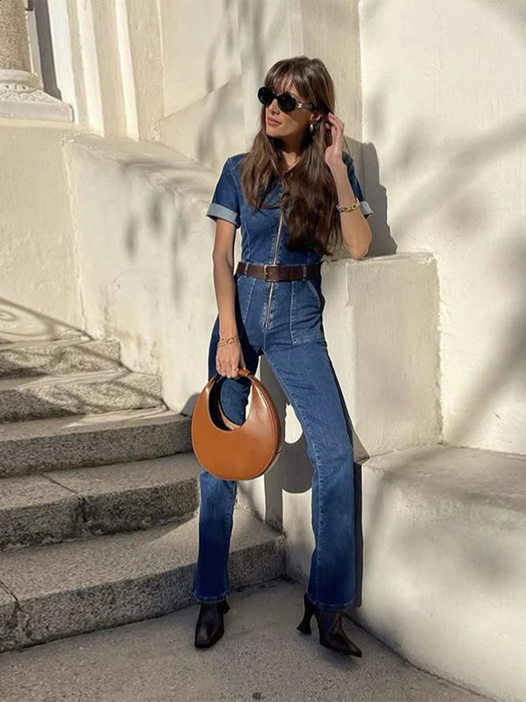 Women Slim Cinching Denim Jumpsuit Lapel Zipper Short Sleeves High Waist Straight Wide Leg Jeans Jumpsuit Summer High Street 250519