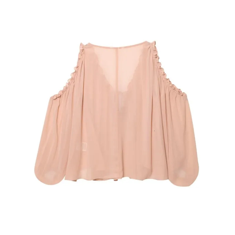 TRAF Womens Off Shoulder Chiffon Summer V NeckTop Casual Loose Tierred Blouse Female Shirts Blouses 250520