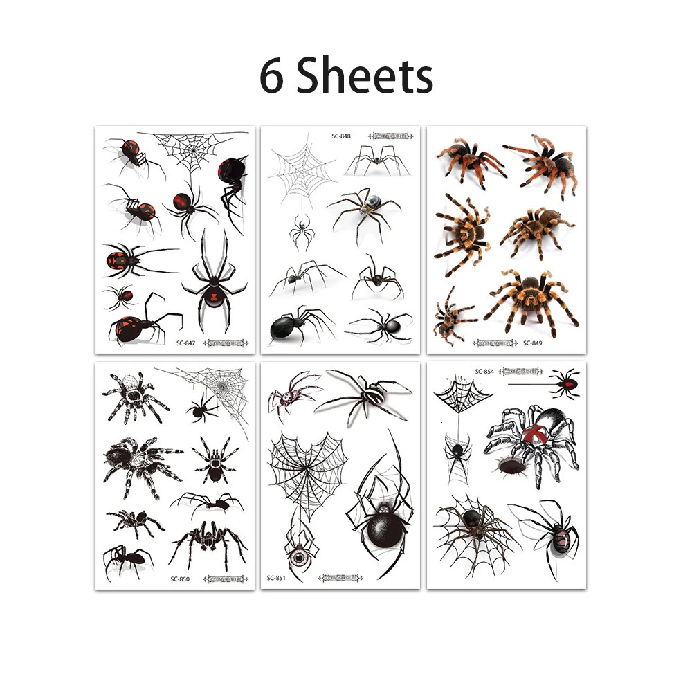 6Sheets 3D Black Spider Temporary Tattoo Stickers Dark Realistic Spider Fake Tattoo Waterproof Durable Tattoo Body Art Men Women 250515