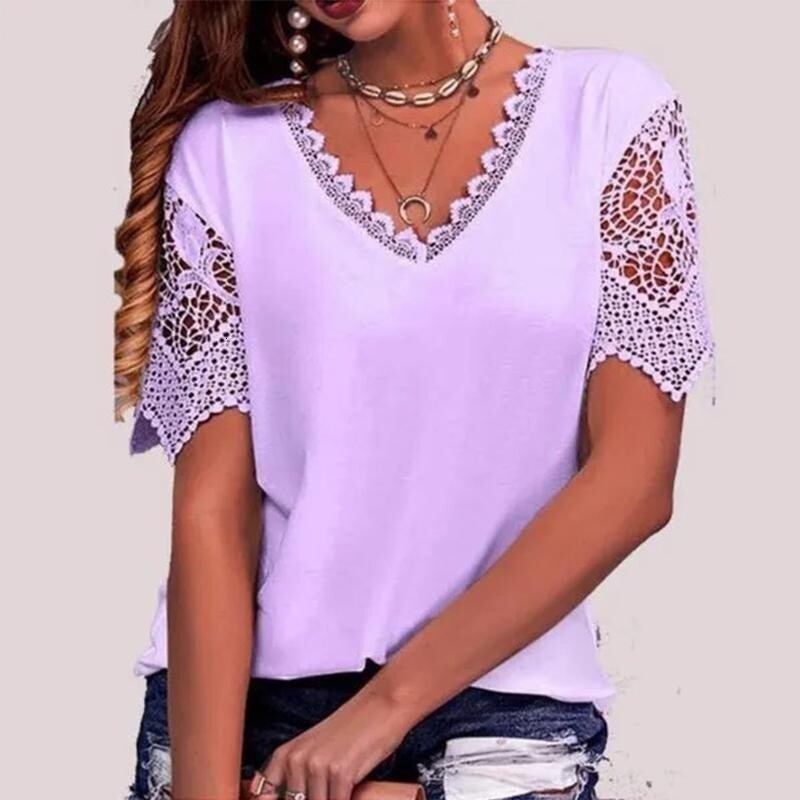 Designer Clothing Fashionable Women's Hot New Lace Patch Loose V-neck Short Sleeved T-shirt 2025 Versatile Casual